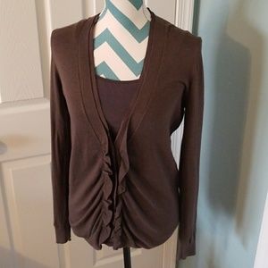 The LOFT: Brown/plum ruffle cardigan
